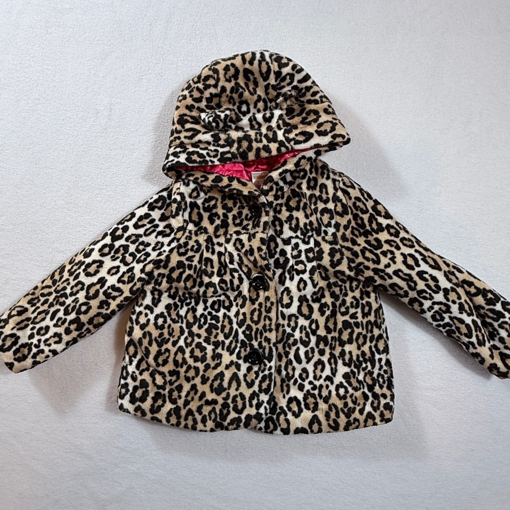 Gymboree Faux Fur Jacket Girls 2T-3T Leopard Print Hooded Ears Pink Lining Coat